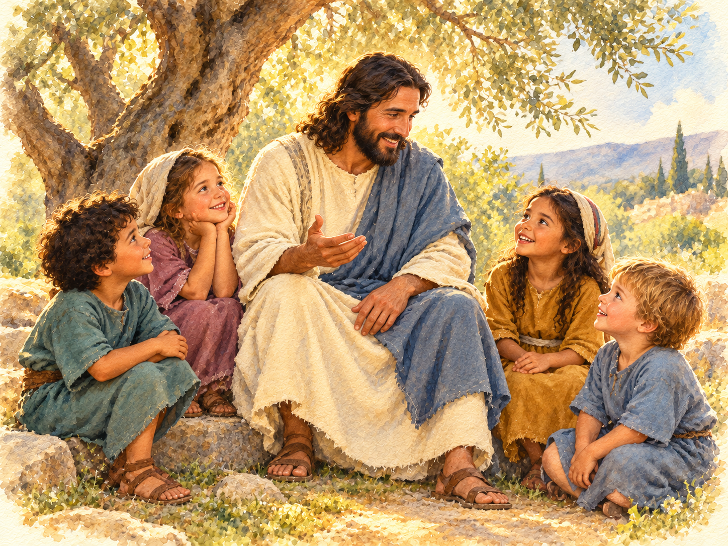 Watercolor illustration of Jesus teaching four children beneath an olive tree