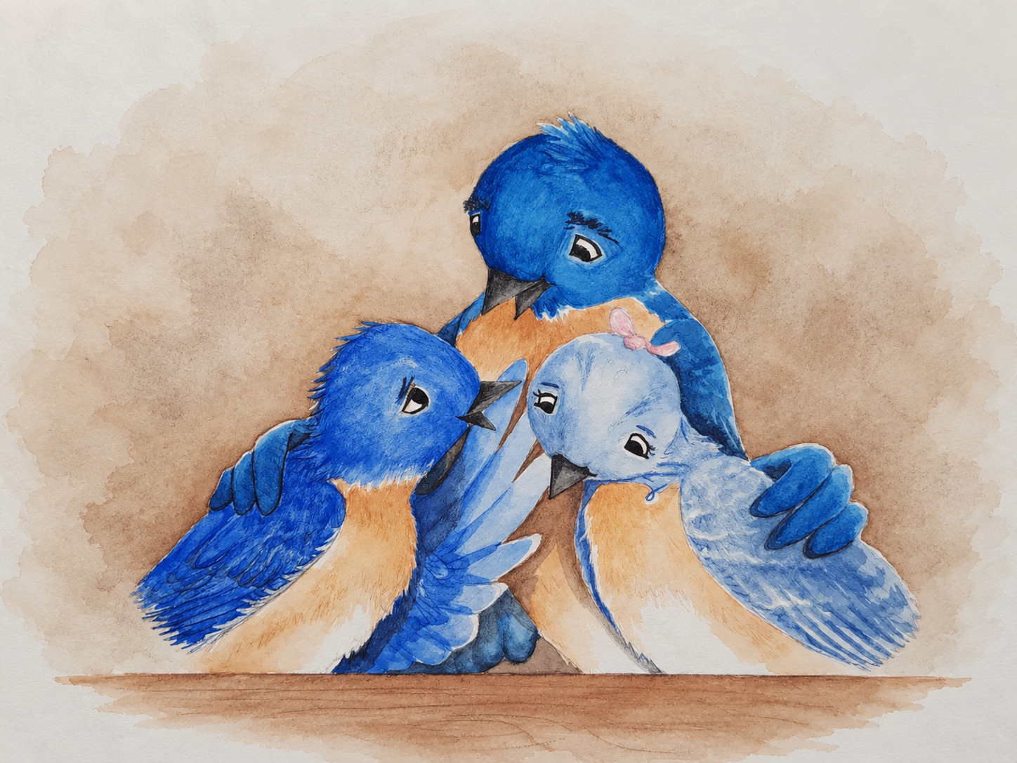 Watercolor illustration of three blue birds sharing a hug