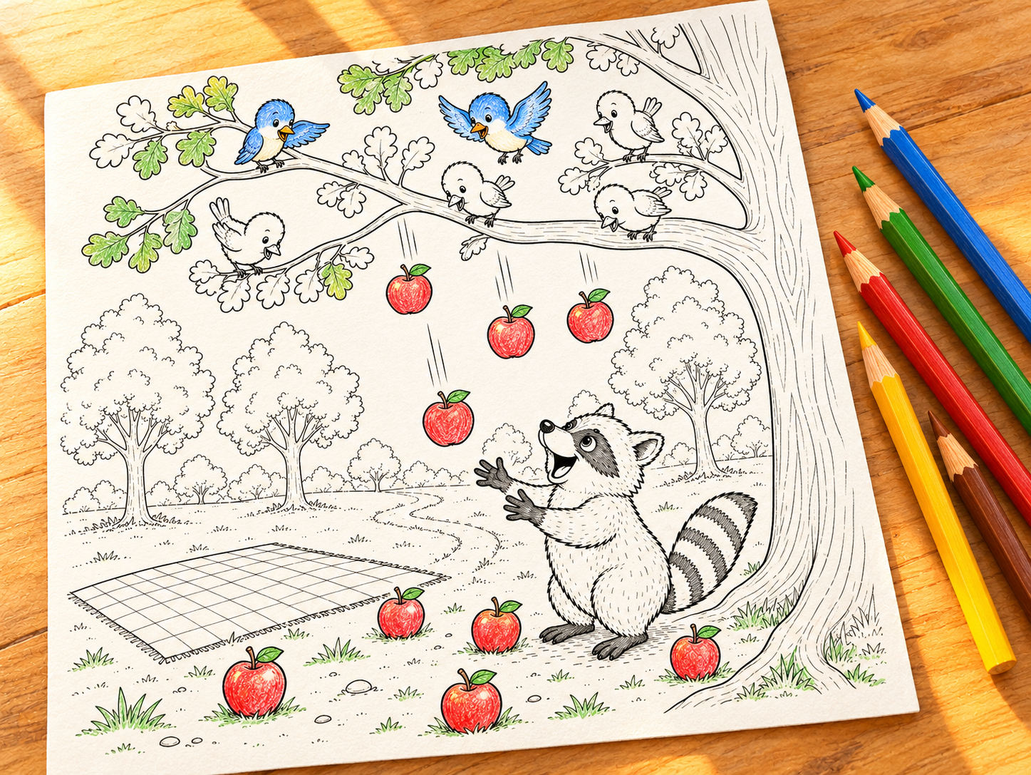 Partially colored little birds and raccoon coloring page with colored pencils on a wooden table